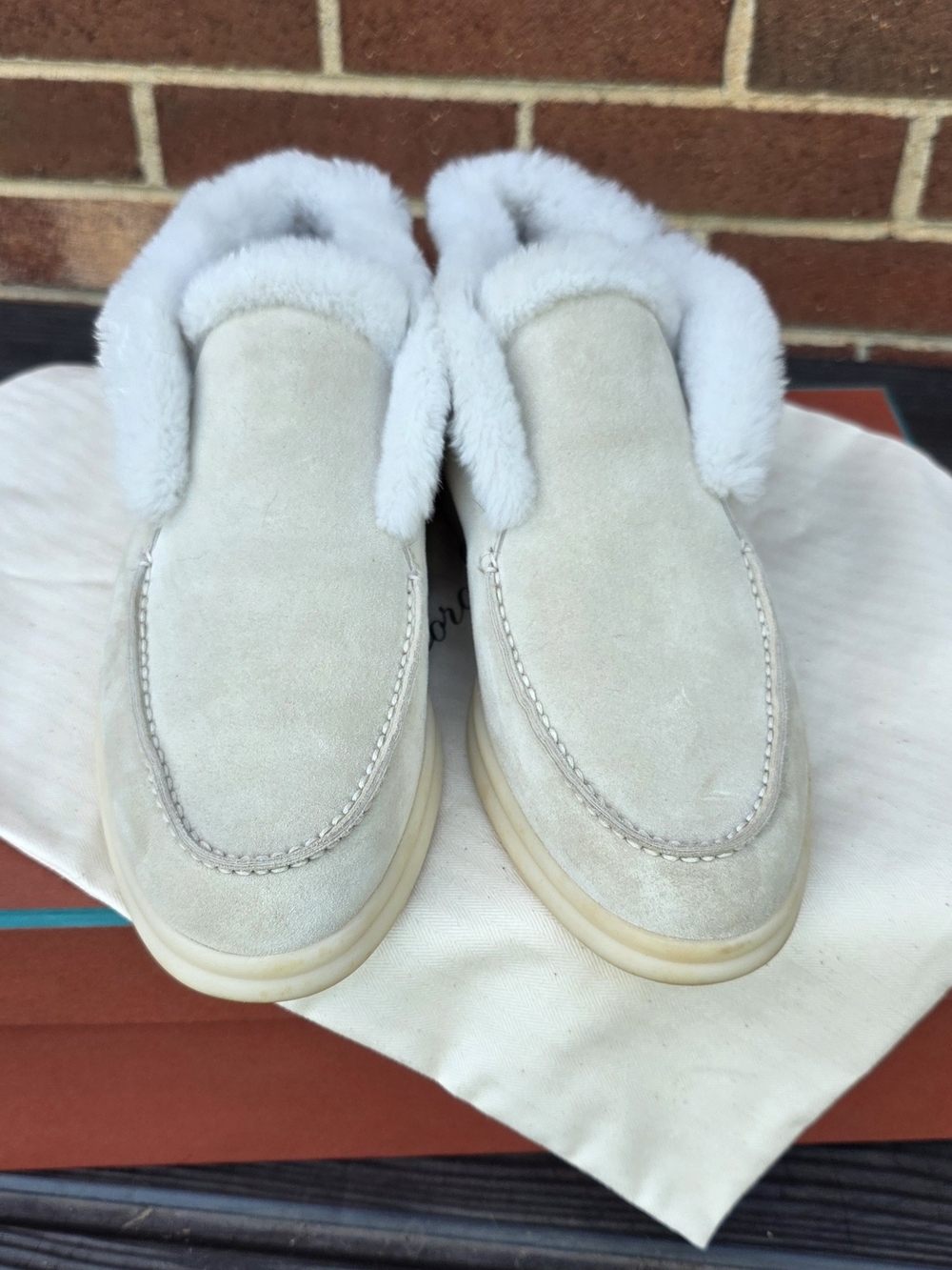 Loro Piana Cream Suede Shearling-Trim Slip-Ons